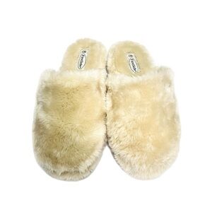 Vintage 1990s deadstock fuzzy beige faux fur mule style slippers